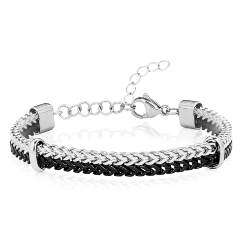Cuban Chain Bracelet for Men - Stainless Steel Double Bracelets for Mens Cuban Link Minimalist Layered Bracelet Mens Stacked Wrap Chains Bracelets Metal Rope Jewelry Silver & Black