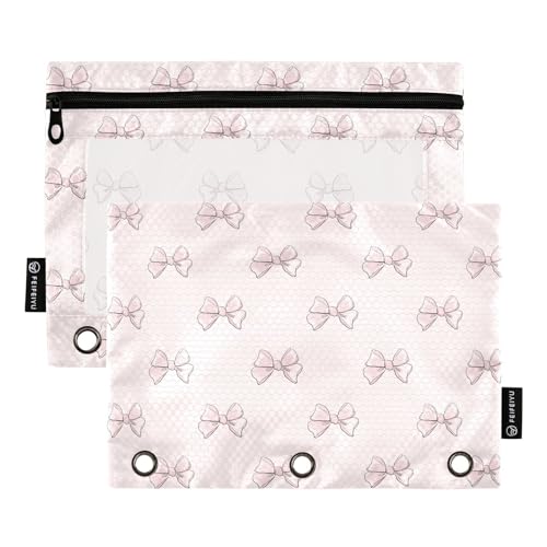 KICPOAY Pencil Pouch for 3 Ring Binder Cute Beautiful Pink Bows 2 Pack Clear Window Pencil Bags with Zipper Pencil Case