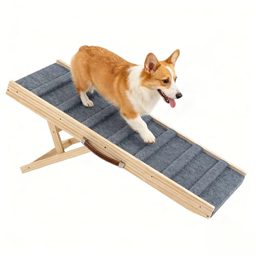 Dog Ramp for Bed, 35.4' Long Wooden Pet Ramp for Small & Large Dogs, 4 Adjustable Heights 11.8' to 22' with Anti-Slip Carpet & Carrying Handle Holds, Portable Dog ramps for Car, Bed, Couch, Outdoor