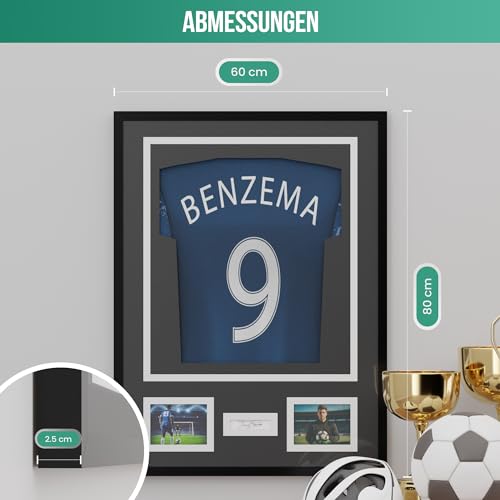 Avalo Trikotrahmen Aluminium - Objektrahmen für Fußballtrikot - 3D Box Frame - 60x80 CM - Schwarz - Deep Frame - Trikot Einrahmung in Bilderrahmen