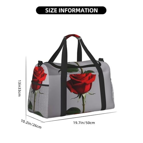 Red rose Print Travel Duffle Bag - Foldable Personal Item Travel Bag for Women & Men,Carry-On Convertible Crossbody Tote Bags with Adjustable Shoulder Strap & Pockets 13x10.2x19.7 in4