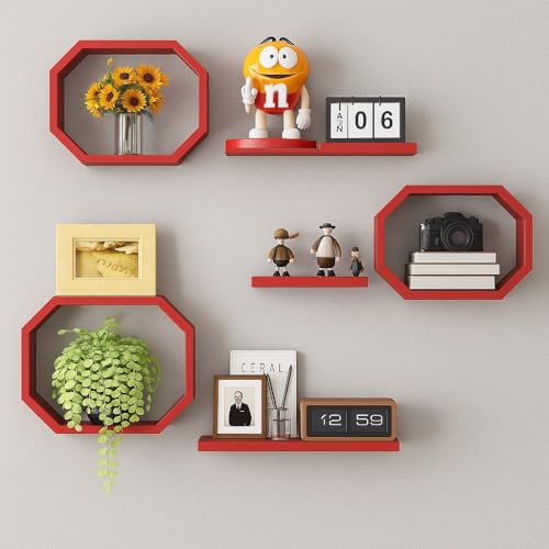 Image of Wall Mounted Floating Shelves Set of 6, Multipurpose Display, Book, Storage & Decor Shelves, Octagon Shape Wooden Wall Shelf for Living Room, Bedroom, Kitchen (Red)