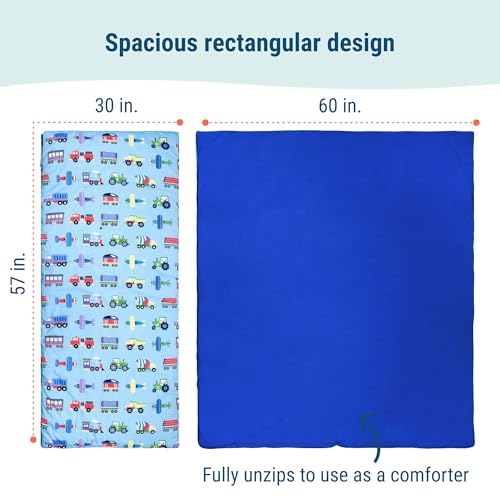 Image of Wildkin Kids Sleeping Bag - Roll-Up Design with Storage Bag for School, Travel & Camping - Trains, Planes, and Trucks