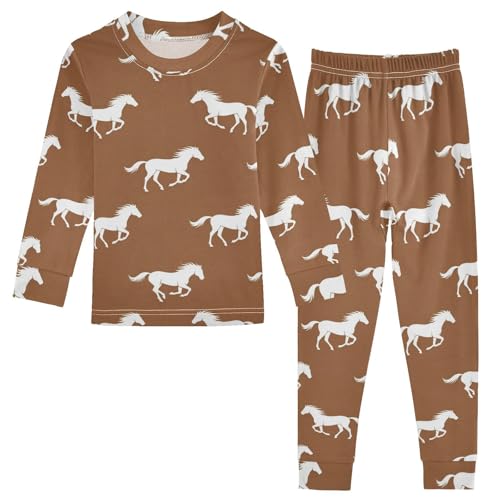 Pajama Sets Long Sleeve Brown Background with Horses Soft Comfy Sleepwear 2 Piece PJS 3-8T