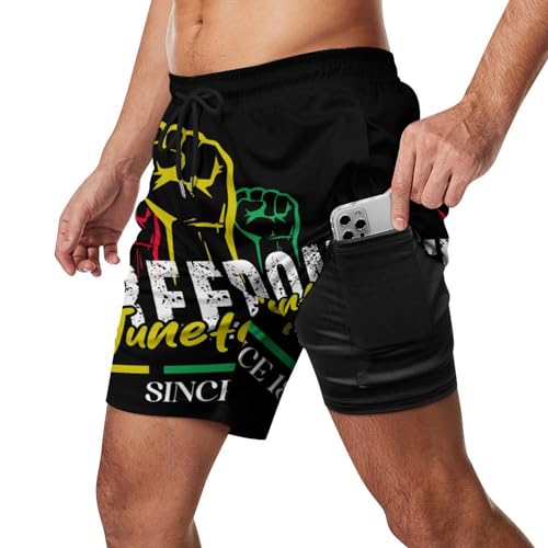 Mens Swim Trunks with Compression Liner, Juneteenth Black History Printed Beach Board Shorts2