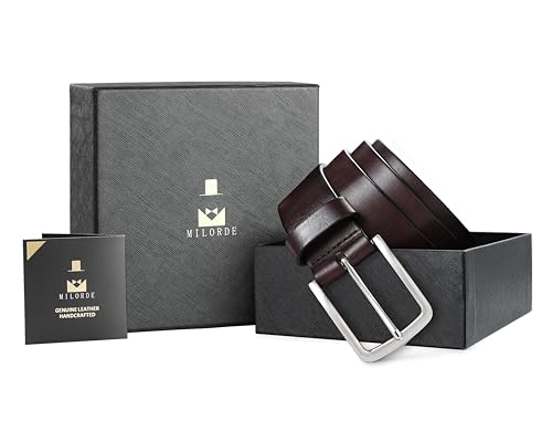 Image of MILORDE Men's Genuine Leather Dress Belt, Handmade, 100% Cow Leather, Fashion & Classic Designs for Work Business and Casual