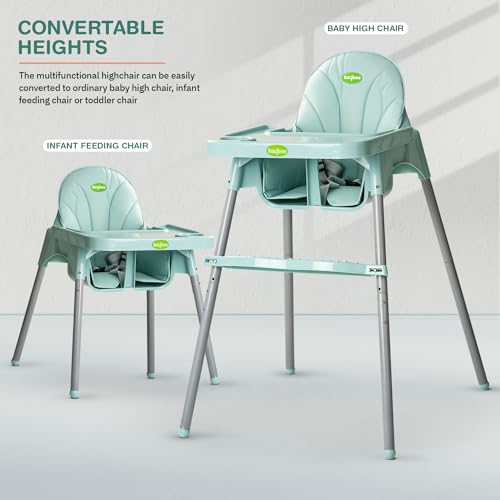 Image of Baybee 2 in 1 Baby High Chair for Kids, Baby Feeding Chair with 2 Height Adjustable, Footrest, Tray, Mobile Stand, 3 Point Safety Belt | Kids High Chair for 6 Months to 3 Years (Green)