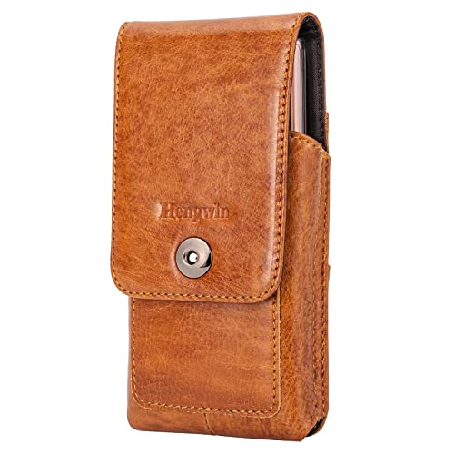 Hengwin Genuine Leather Phone Belt Case with Belt Clip for iPhone 13 Pro Max 12 Pro Max 11 Pro Max Samsung Galaxy S22 Ultra 5G Note 20 Ultra Holster Cell Phone Pouch with Belt Loop Card Holder (Brown)