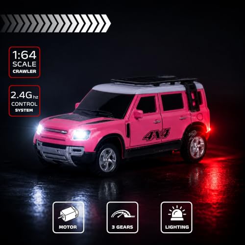 Image of 1:64 Scale RC 4x4 SUV Alloy Die-Cast Remote Control Car - 2.4GHz Rechargeable Off-Road Crawler with LED Lights | Roof Rack Spare Tire for Kids 6+ Years (Pink)