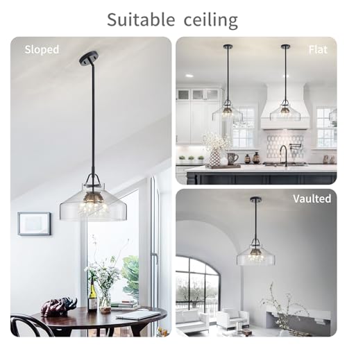Image of WUZUPS Chandelier Rustic Farmhouse Industrial Round Ceiling Pendant LED Light Fixture with Clear Glass Shades for Dining Room Kitchen Island Foyer Entryway, H 11.8 inch W 15 inch, E26 Base, Brushed Nickel