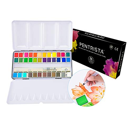 PENTRISTA Watercolor Paint Set, 36 Vivid Colors in Portable Box with Refillable Water Brush Pen, Classic Colors for Artists, Amateur Hobbyists and Painting Lovers, Perfect For Travel