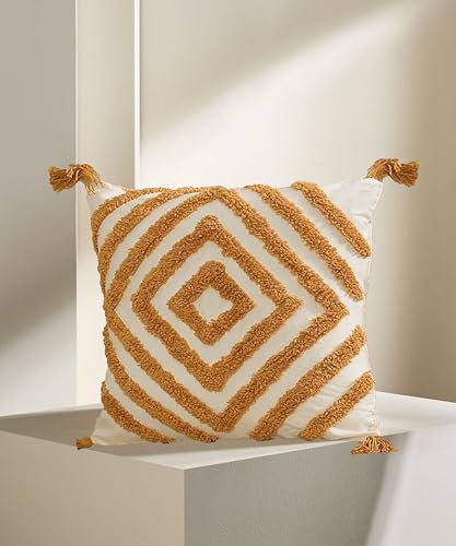 Image of Tarantaran Tufted Decorative Throw Pillow Cover, Blue and White Geometric Pattern with Tassels, 40.6 x 40.6 cm, Modern Square Pack of 2 (Yellow Diamond)