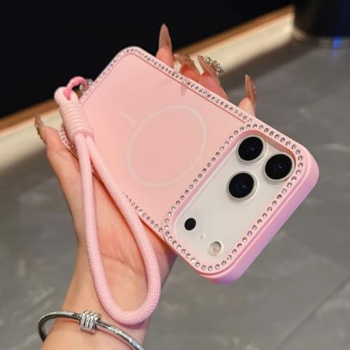 Étui à lanière à paillettes et diamants pour iPhone 14 coque souple dragonne magnétique Rose