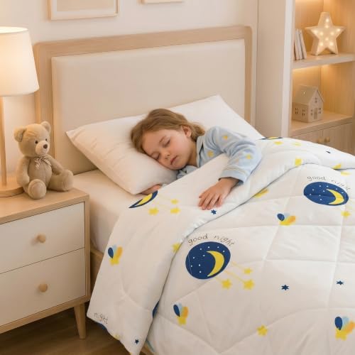 Image of Filymore Good Night Comforter for Kids Girls - Cute Cartoon Print Single Bed Blanket, Microfiber Dohar for Boys & Girls | Soft Kids Winter & Summer Quilt |60x90 Inches (Blue and Cream)
