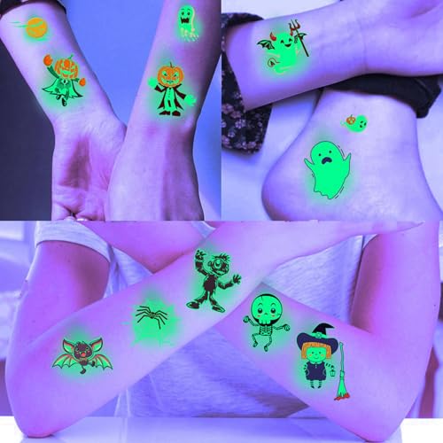 Image of 10 Sheets 80+ PCS Night Glitter Luminous Halloween Temporary Tattoos For Kids Boys Girls Face, Zombie Glow in The Dark Fake Tattoo Sticker, Ghost Spider Tattoos Basket Goodie Bag Stuffers Fillers