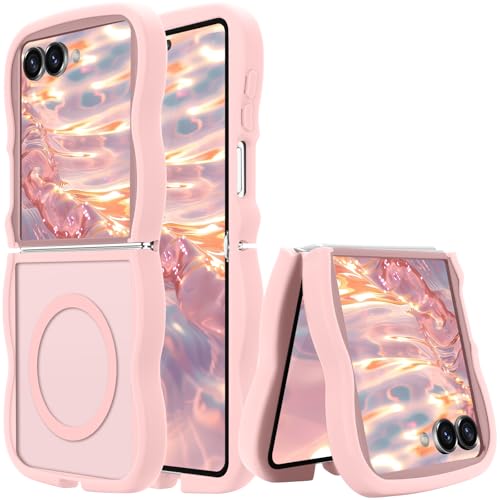 Pepmune Magnetic for Samsung Galaxy Z Flip 7 Case [Compatible with Magsafe] Translucent Matte Cute Curly Wave Frame Phone Case Soft TPU Bumper Slim Fit Shockproof Protective Cover for Men-Pink