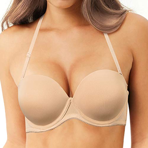 Dhx Women's Thick Padded Strapless Push Up Bra Lift And Support Convertible Bras With Clear Straps Beige, 36B #TOP2