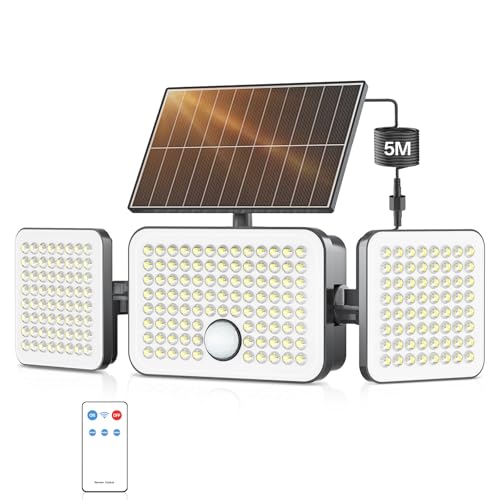 Security Lights Outdoor Motion Sensor 233LED 360° Rotatable 3 Heads Solar Wall Light with 3 Modes Remote,IP65 Waterproof Solar Wall Lights for Front Door Yard Garage Garden,1Pack