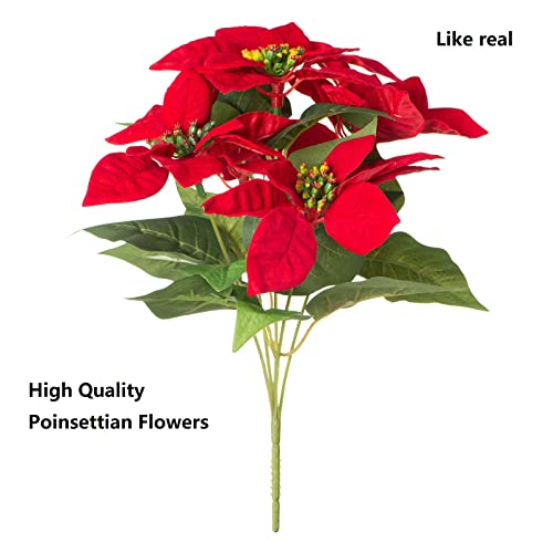 Artificial Poinsettia Flowers With Hanging Basket Christmas Hanging Planter Outdoor Indoor Home Decoration Garden Yard Pation For Holiday New Year, 4 Bundles With Metal Basket, Red #TOP4