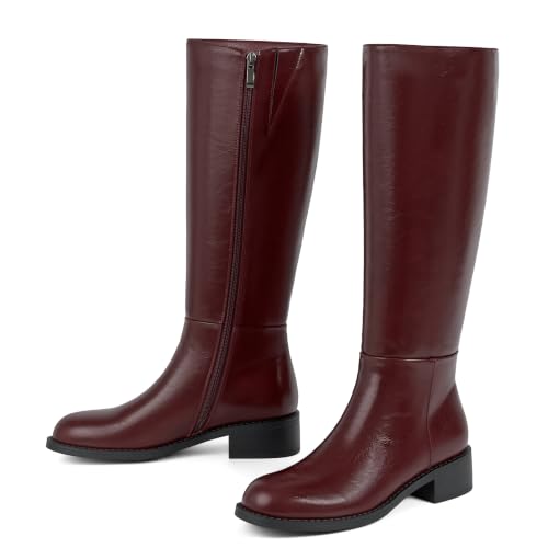 Women's Knee High Tall Flat Boots, Low Chunky Heel, Round Toe, Burgundy,8 by VIUGJNEX - Used condition - Image 4