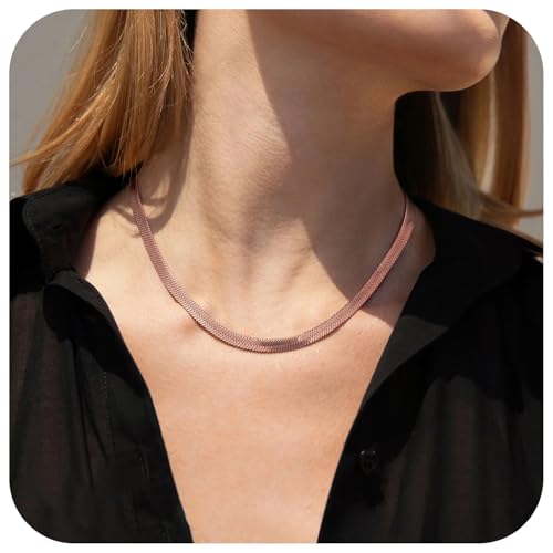 FindChic Herringbone Choker Necklace for Women, Black/Stainless Steel/14K Gold/Rose Gold Plated Adjustable Flat Snake Chain Necklaces, 3/5MM Width 12.5/15/18 Inches, with Jewelry Gift Box 15