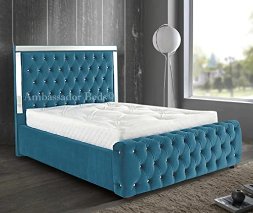 Image of Stratus Interiors Winchester king size Mirrored bed frame, without mattress,Velvet Bed Frame with Headboard/footboard,Velvet Upholstered Platform plush velvet (Green, King (U.K. Standard))