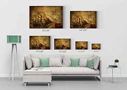 Old World Map Sailing Map Vintage Testament Decorative Canvas Print Nautical Decorative Art Modern Wall Décor Artwork Living Room Office Framed- Ready To Hang -%100 Handmade In The Usa - 8X12 #TOP4