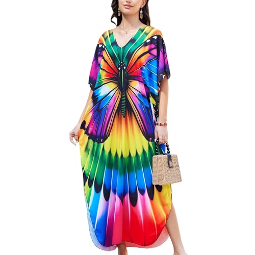 KAICAILA Vestidos caftán de talla grande para mujer, estilo kimono bohemio con estampado floral, cuello en V, alas de murciélago, ajuste holgado, Colorido el viaje de la mariposa, Talla única