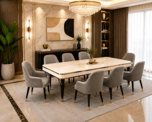 Image of 8 Seater Dining Table Set with Nano Composite Marble Top, Solid Wood Base & 8 Upholstered Chairs, Modern Dining Table Set for Home & Dining Room Furniture