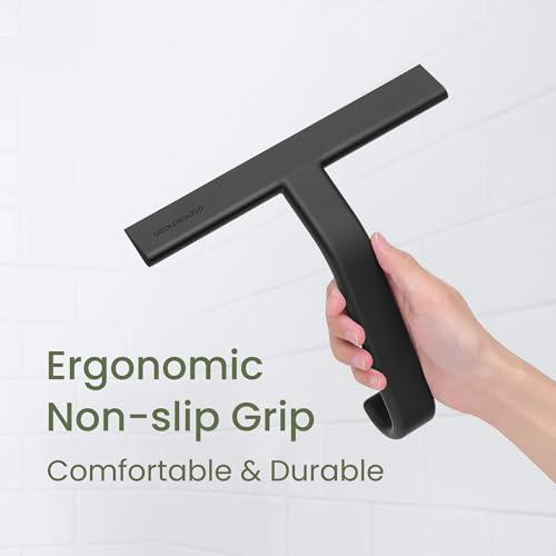 JustHang Shower Squeegee for Glass Doors, All-One-Piece Silicone with Built-in Hook Design for Easy Hanging and Cleaning, 10 Inch Black