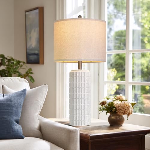 Image of PoKat 27.5'' Tall Table Lamps for Living Room Set of 2, Stone-Like Ceramic Bedroom Lamps for Night Stands, Farmhouse Bedside Lamps for Bedroom Living Room, Nightstand Lamps for End Table, Hallway