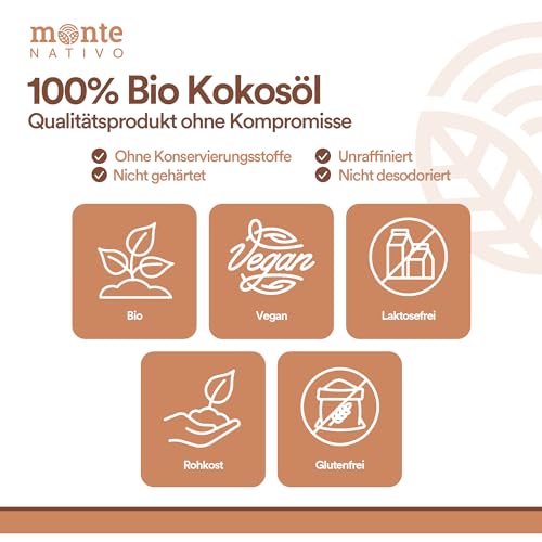 Kokosöl Bio Monte Nativo (200ml) - Coconut Oil - Kokosnussöl in Rohkostqualität - Reines Kokosfett - Bio Kokosöl nativ kaltgepresst zum Kochen, Braten und Backen, für die Haare, Zähne und Haut