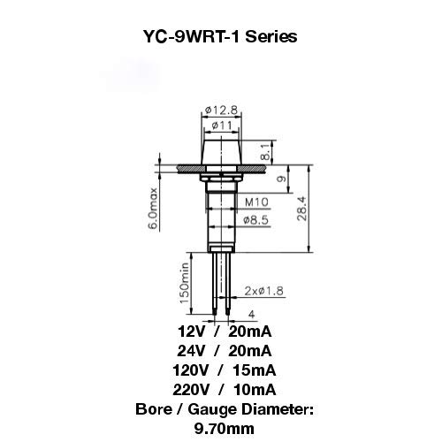 Yuco YC-9WRT-1R-24-10 Mini Indicator Light 9mm Cylindrical Cap Wire-Base Ring + Nut AC/DC Pack of 10 (Red, 24V) - Thumbnail 5