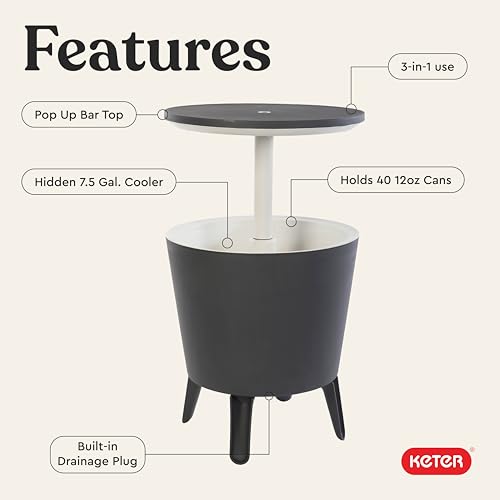 Keter Modern Cool Bar Outdoor Patio Furniture and Hot Tub Side Table with 7.5 Gallon Beer and Wine Cooler, Dark Grey