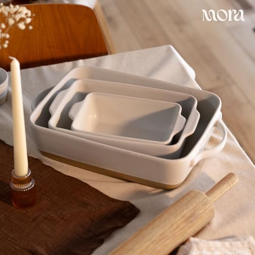 Image of Mora Ceramic Set of 2 Baking Dishes For Casserole, Banana Bread, Brownies, Broiling, Roasting, and Baking. 7x11 in and Loaf Pans - Porcelain Serving Bakeware from Oven to Table. Freezer Safe - Oat