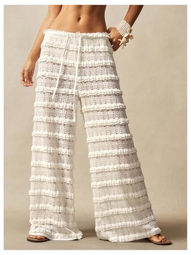 Women's Lace Ruffle Layered Vacation Beach Pants Drawstring Waist Mesh Wide Leg Pants Boho Trousers4