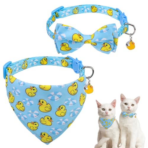 SCENEREAL Cat Collar with Bells, 2 Pack Breakaway Cat Collars with Removable Bowtie Bandana, Adjustable Cute Kitten Collar for Pet Small Dogs Boys Girls, Blue Duck
