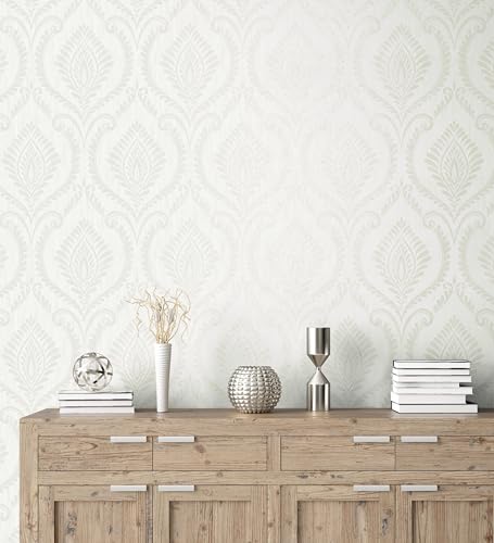GAULAN 682392 Papier peint vinyle lavable damassé nacré en relief sur fond blanc pour mur salon cuisine bain chambre couloir stanza salle à mange - Rouleaux de 10 m x 0,52 m – vue 6