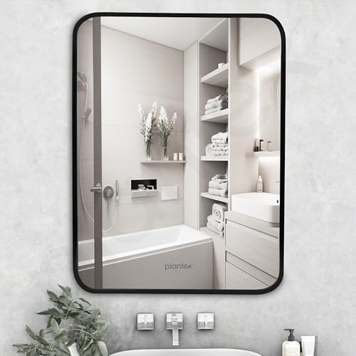 Image of Plantex Aluminium Frame Bathroom Mirror for Wall /Wall Mount Mirror for Bedroom /Dressing Room /Living Room /Entryway - Shatterproof Mirror (18x24 Inch-Brushed Black /Rectangle)