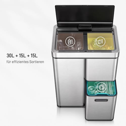 EKO Mirage Plus Mülltrennsystem mit 3 Fächer, 2 x 15 L und 30 L, Recycler Mülleimer mit Sensor, 3 Kunststoff Inneneimer, Automatischer Abfalleimer mit Deckel, großer Mülleimer Küche 60l, Edelstahl