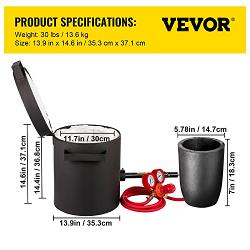 VEVOR Propan Schmelzofen 10 KG, Gas Metall Schmelzofen Propan Ton Grafit Tiegel, Edelmetall Schmiedeofen Propan-Regler 0-350 psi, Ofenboden 20 mm, Schmelzzeit 10 min, 2,54 cm Keramikfaser feuerfest