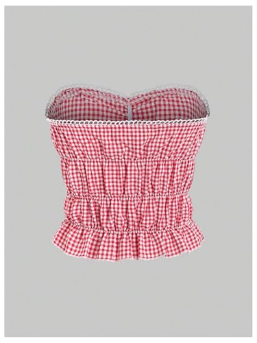 WDIRARA Women's Gingham Tube Crop Top Plaid Bow Ruffle Hem Y2k Bandeau Tops2
