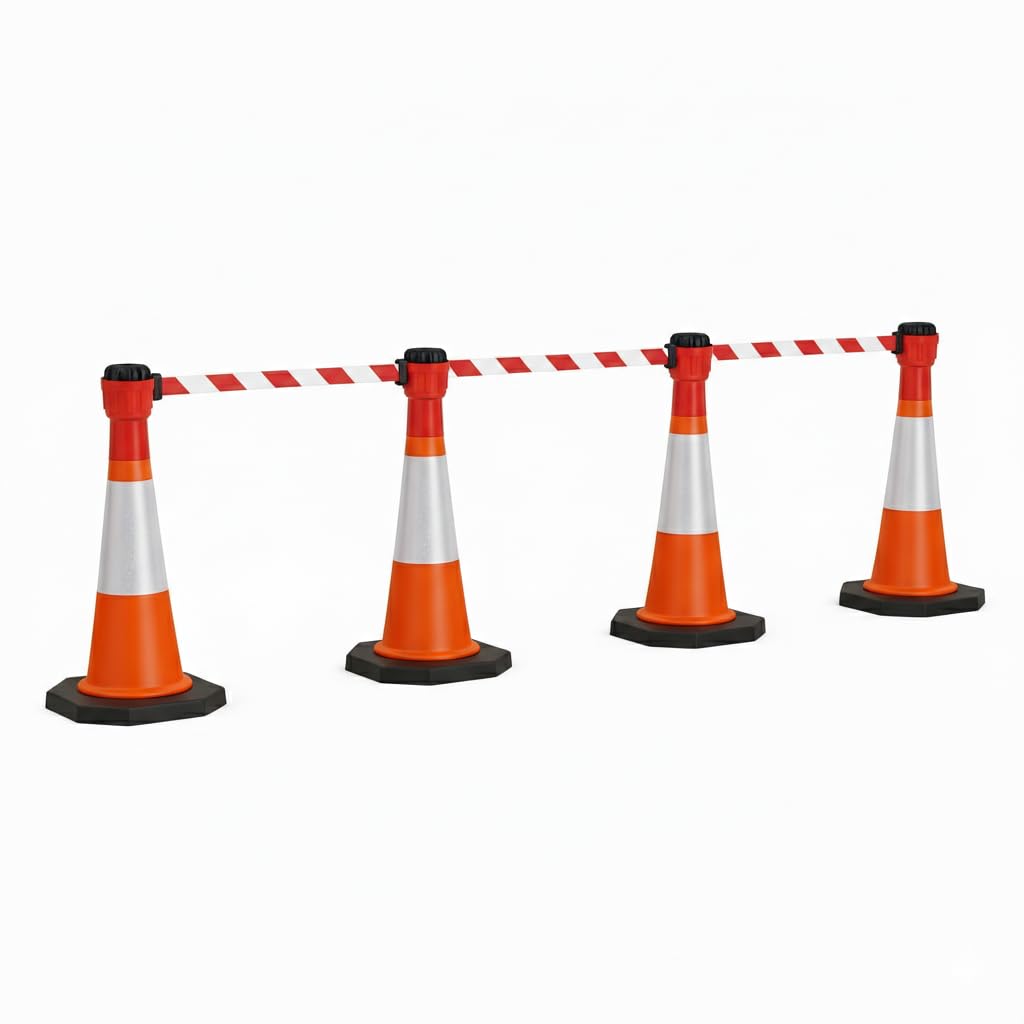 Cocus Red/White Barrier Premium 750Mm Traffic Cone & 10M Retractable Barrier Kit - Heavy Duty Safety Cones With 10 Meter Belt - Chapter 8 Compliant Hazard Barrier Pack (, 4 Pack)