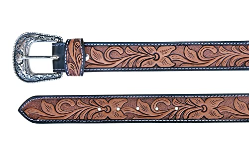 Western Genuine Leather Floral Tooled Beaded Belt For Men and Women 30AB0032