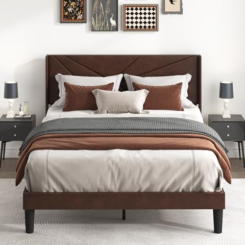 Pricolotus Queen Size Bed Frame with Upholstered Wingback Headboard, Easy Assemnly Platform Bed and Heavy Duty Wooden Slats Support, Noise-Free, No Box Spring Needed (Dark Brown, Queen)