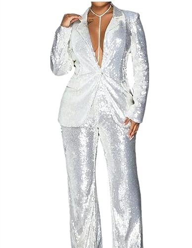 Sequined Womens Pantsuits Set Blazer Pants Womens Suits for Business Groom Party