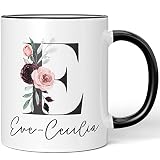 JUNIWORDS Tasse, Eve-Cecilia, Name Anfangsbuchstabe Initial Alphabet Floral Buchstabe E Monogramm Motiv, Schwarz (5568490)