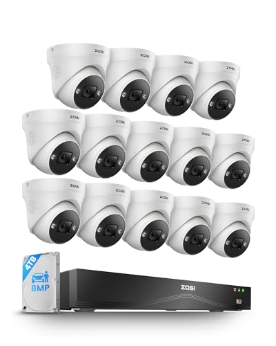 ZOSI 24CH 4K PoE Security Camera System,Face/Person/Vehicle Detection,2 Way Audio,Night Vision,14pcs 4K Indoor Outdoor PoE IP Cameras,16 Port 24CH 8MP Dual-Disk NVR with 4TB HDD for 24/7 Recording