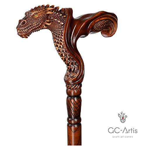 Gc-Artis Wooden Walking Cane Fantasy Dragon Ergonomic Palm Grip Handle 36” Wood Carved Walking Stick For Men Women Brown #TOP5