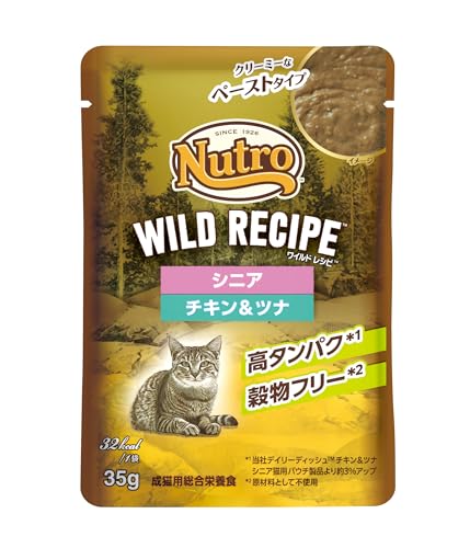 Nutro ワイルドレシピ ウェット クリーミーなペースト シニア猫用 グレインフリー 35g×12袋 チキン&ツナ パウチ 少量使い切り 総合栄養食 高齢猫用 エイジングケア キャットフード 猫 まとめ買い 穀物フリー 高タンパク 厳選自然素材 香料・着色料 無添加 ニュートロの商品画像（Amazon）
